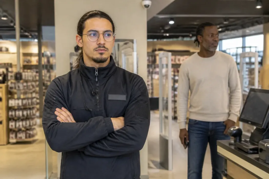 Agent de sécurité magasin au premier plan, dans un commerce moderne avec client, caisses et portiques antivol