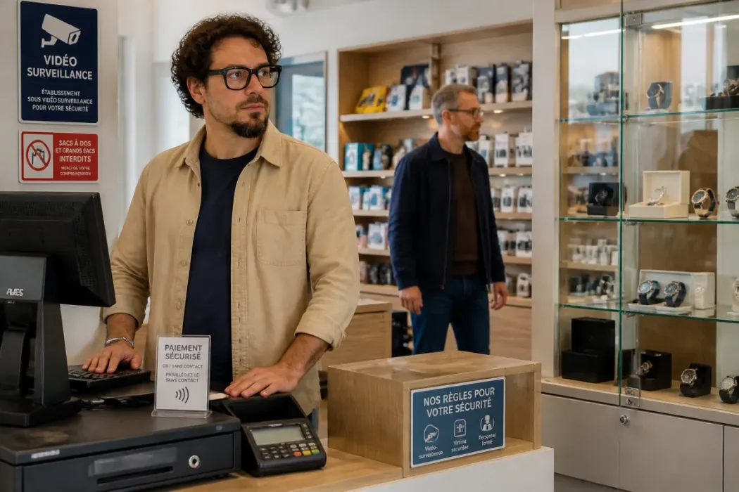 Vendeur vigilant près d’une vitrine sécurisée et d’une caisse, dans une boutique avec affichage de vidéosurveillance