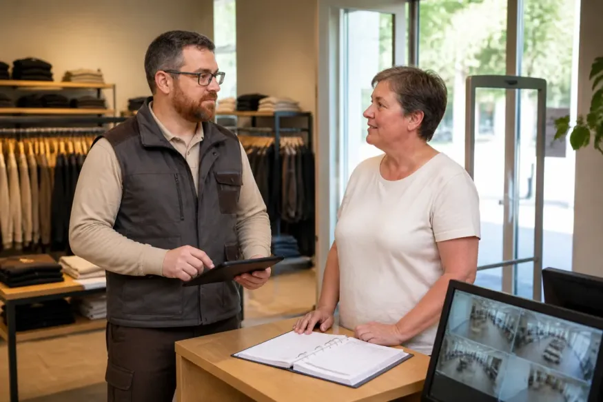 Professionnel échangeant avec un responsable à l’entrée d’une boutique