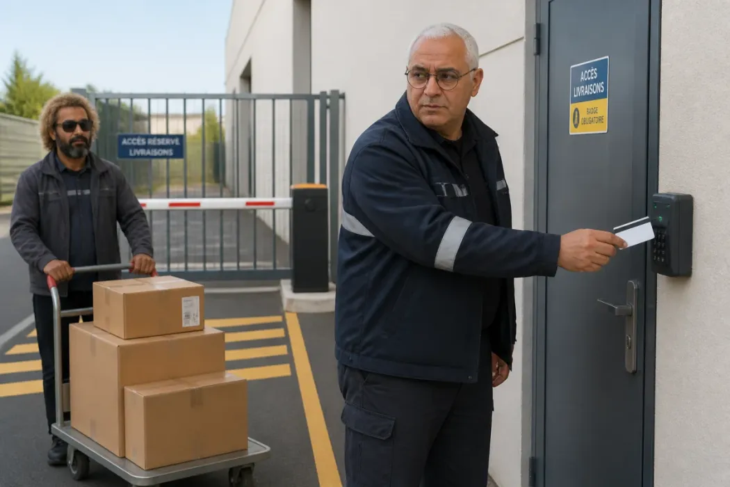 Agent de sécurité contrôlant un accès de livraison sécurisé derrière un commerce, face à un livreur avec chariot