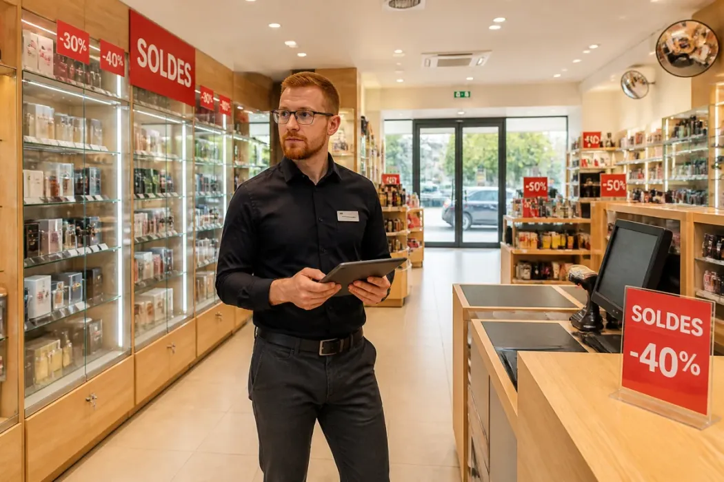 Responsable de boutique vérifiant la sécurité d’un magasin en soldes, caisse dégagée, vitrines verrouillées et rayons bas