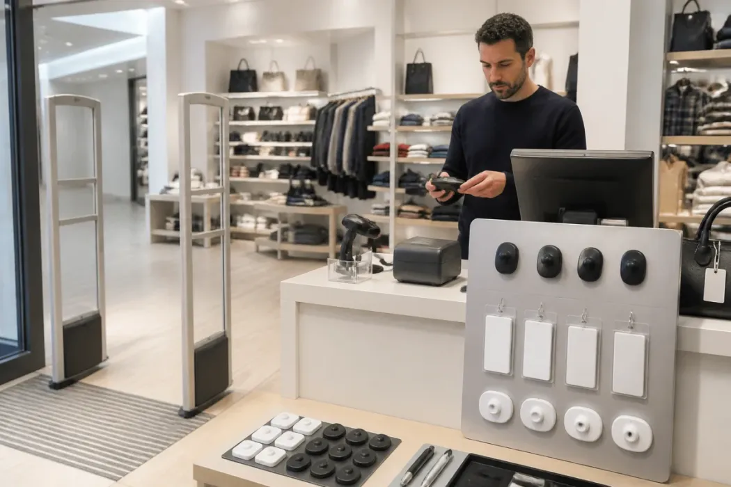 Entrée de boutique sécurisée avec portiques antivol, caisse et commerçant vérifiant un dispositif de protection