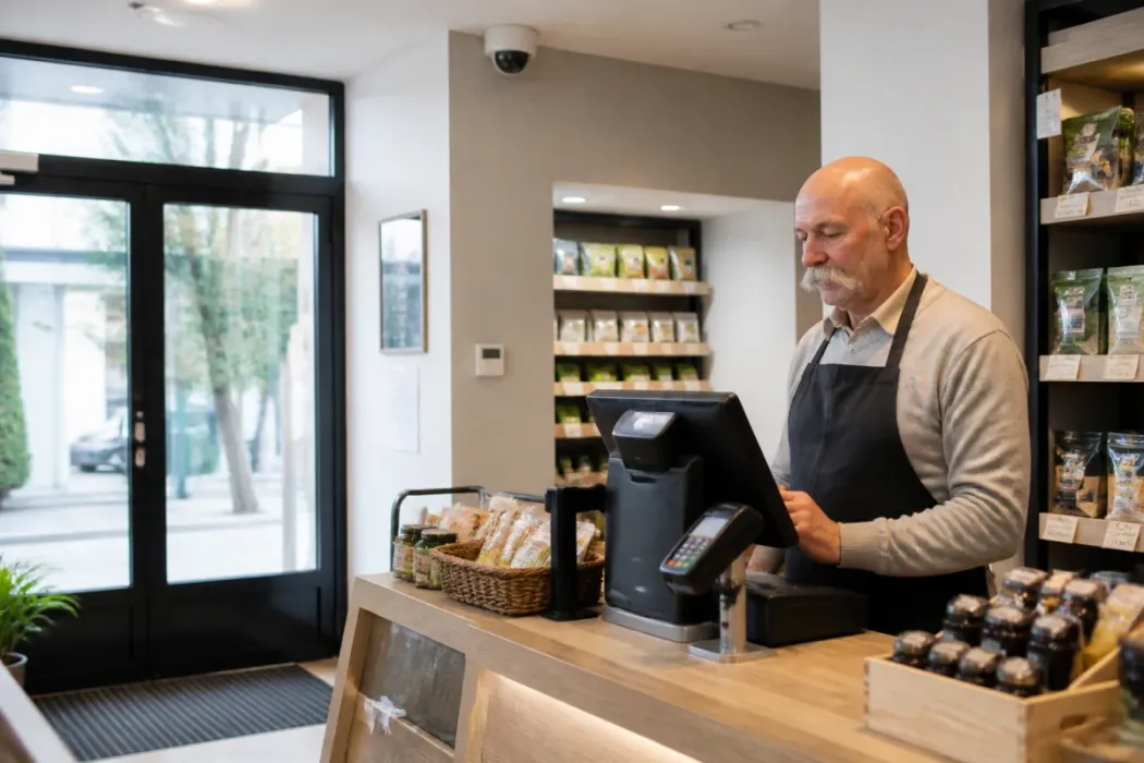 Intérieur de boutique avec caisse, entrée vitrée et caméra discrète, illustrant la surveillance et la protection des accès